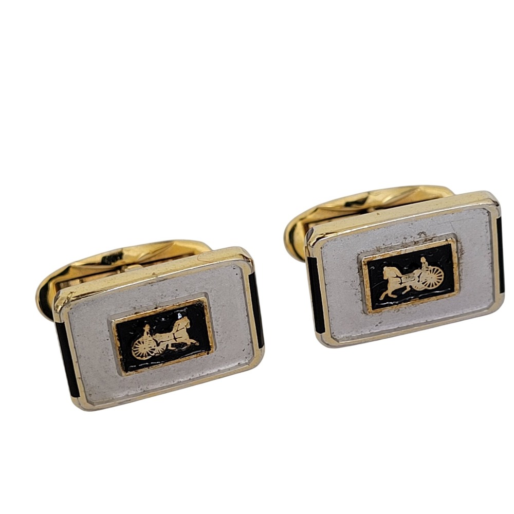 Celine Paris Vintage Horse Carriage Cufflinks Gold Silver Tone Enamel Mens